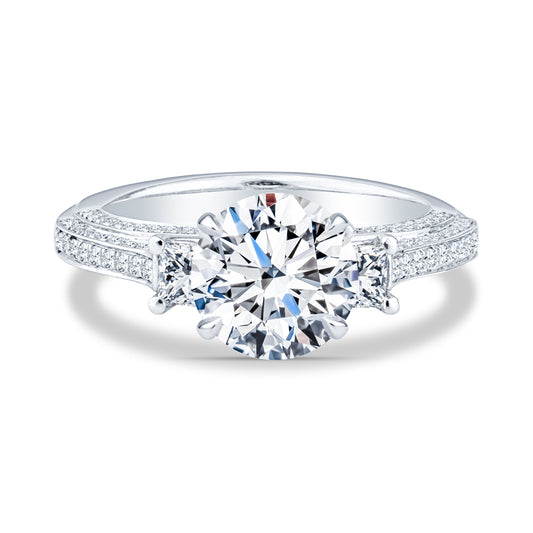 18K White Gold Pavé Past Present Future Round Diamond Setting Engagement Ring