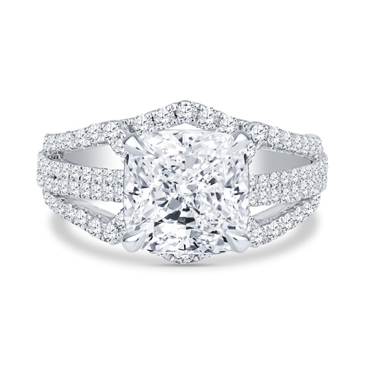 18K White Gold Unique Two Row Pavé Flair Nested Cushion Cut Diamond Engagement Ring