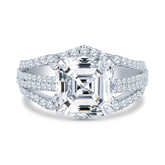 18K White Gold Unique Two Row Pavé Flair Nested Asscher Diamond Engagement Ring