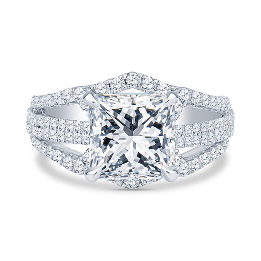 18K White Gold Unique Two Row Pavé Flair Nested Princess Diamond Engagement Ring