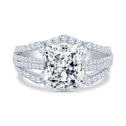 18K White Gold Unique Two Row Pavé Flair Nested Radiant Diamond Engagement Ring