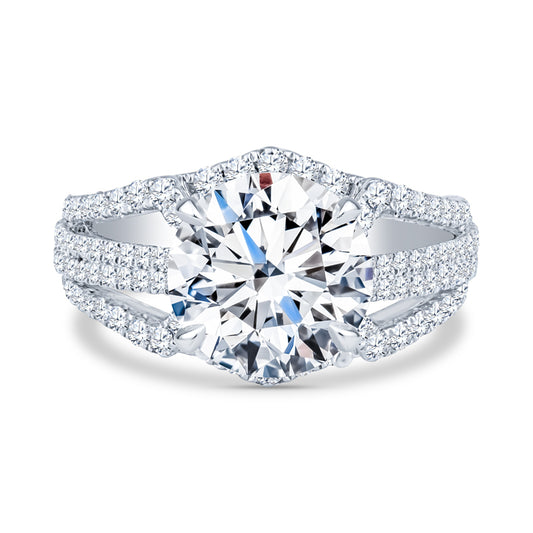 18K White Gold Unique Two Row Pavé Flair Nested Round Diamond Engagement Ring