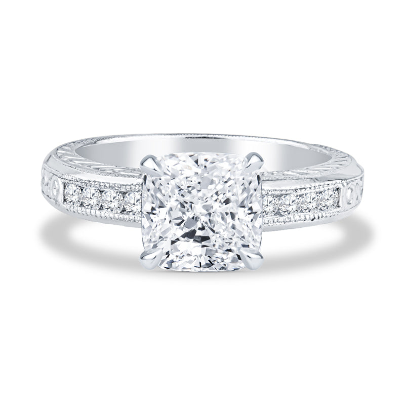 Platinum Micropavé Milgrain Cushion Cut Diamond Engagement Ring
