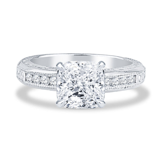 Platinum Micropavé Milgrain Cushion Cut Diamond Engagement Ring