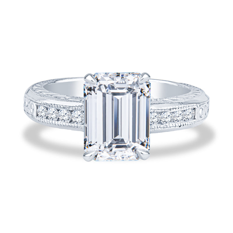 Platinum Micropavé Milgrain Emerald Diamond Engagement Ring