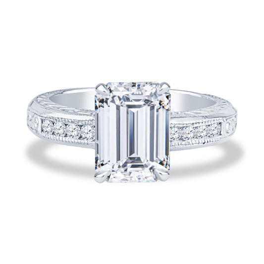 Platinum Micropavé Milgrain Emerald Diamond Engagement Ring