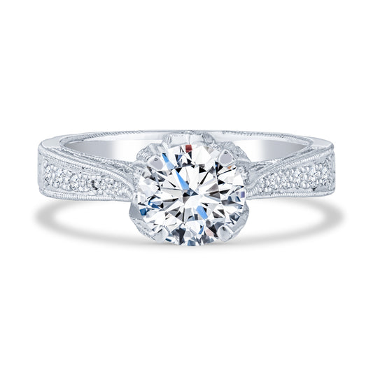 18K White Gold Milgrain Cathedral Pavé Round Diamond Engagement Ring