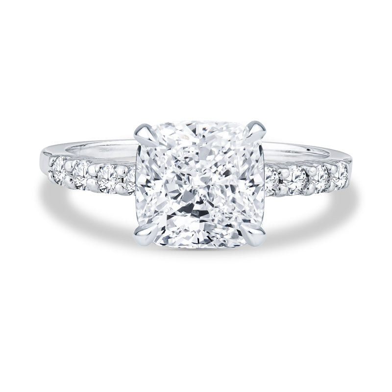 Platinum Delicate Micro-Pavé Shared-Prong Cushion Cut Diamond Engagement Rings