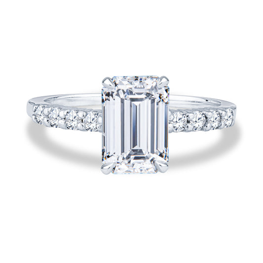 Platinum Delicate Mico-Pavé Shared-Prong Emerald Diamond Engagement Rings