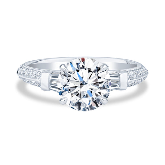 18K White Gold Milgrain Two Row Pavé Setting Round Diamond Engagement Ring