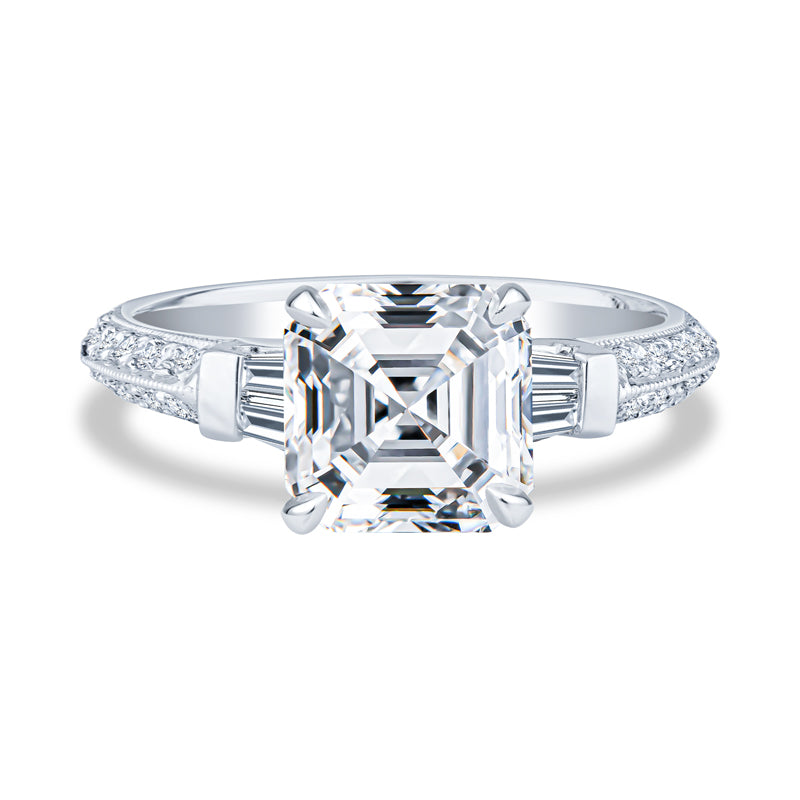 18K White Gold Milgrain Two Row Pavé Setting Asscher Diamond Engagement Ring