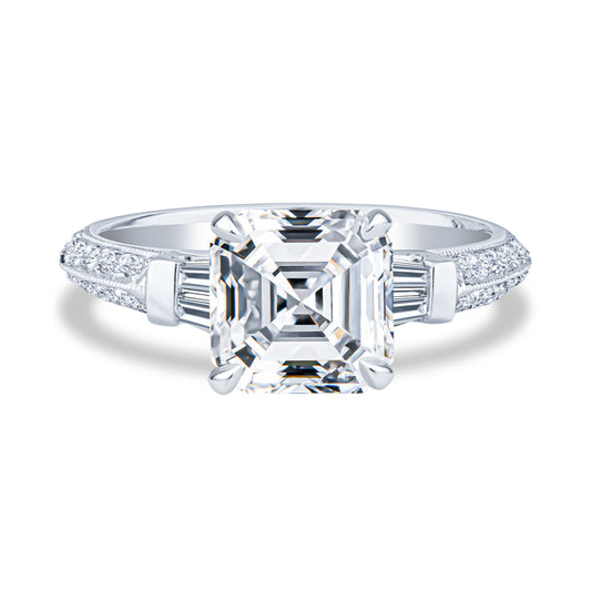 18K White Gold Milgrain Two Row Pavé Setting Asscher Diamond Engagement Ring