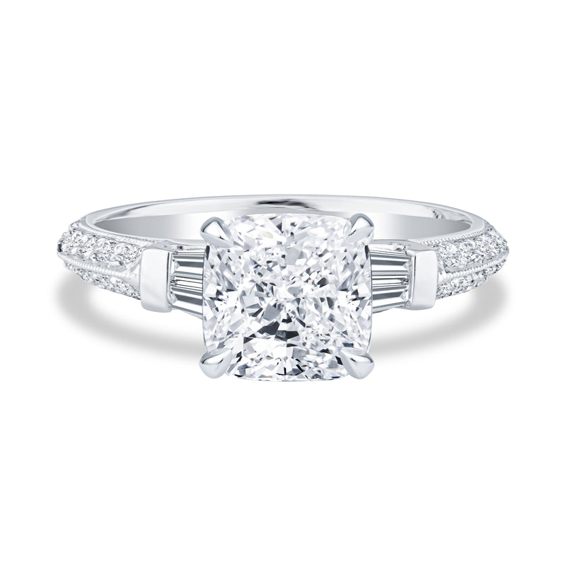 18K White Gold Milgrain Two Row Pavé Setting Cushion Cut Diamond Engagement Ring