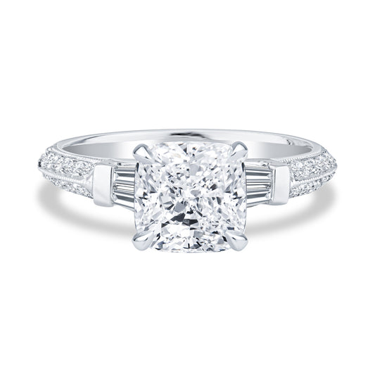 18K White Gold Milgrain Two Row Pavé Setting Cushion Cut Diamond Engagement Ring