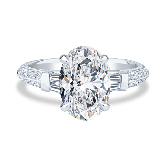 18K White Gold Milgrain Two Row Pavé Setting Oval Diamond Engagement Ring