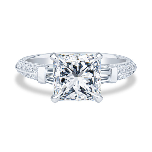 18K White Gold Milgrain Two Row Pavé Setting Princess Diamond Engagement Ring