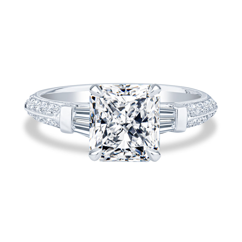 18K White Gold Milgrain Two Row Pavé Setting Radiant Diamond Engagement Ring