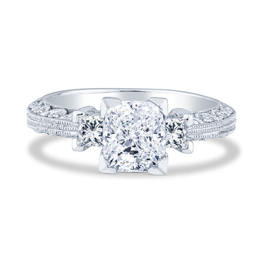 14K White Gold Micropavé Milgrain Past Present Future Cushion Cut Diamond Engagement Rings