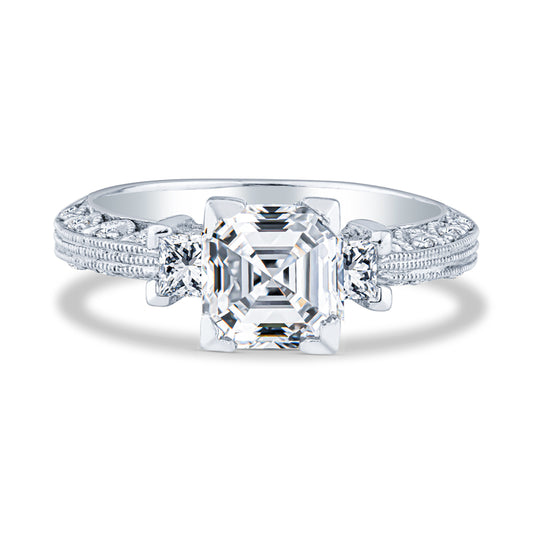14K White Gold Micropavé Milgrain Past Present Future Radiant Diamond Engagement Rings