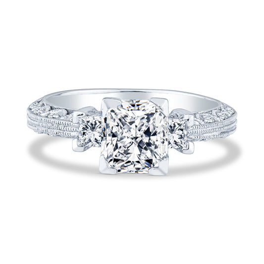 14K White Gold Micropavé Milgrain Past Present Future Asscher Diamond Engagement Rings
