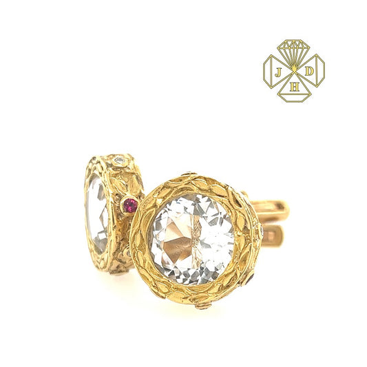 18K Yellow Gold Cufflinks with White Sapphire, Ruby, and Diamonds