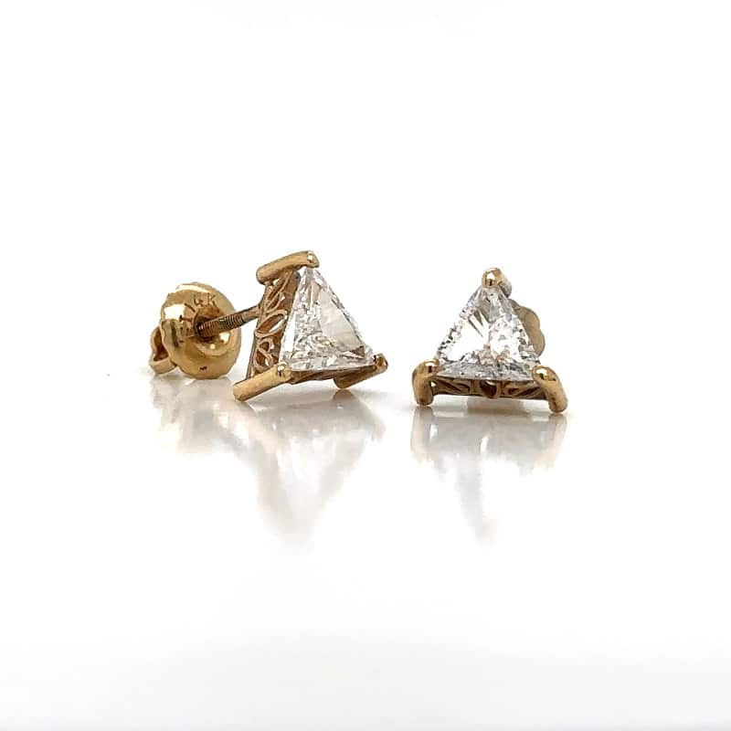 14K Yellow  Gold Exquisite Trillion Cut Diamond Stud Earrings | Limited Edition
