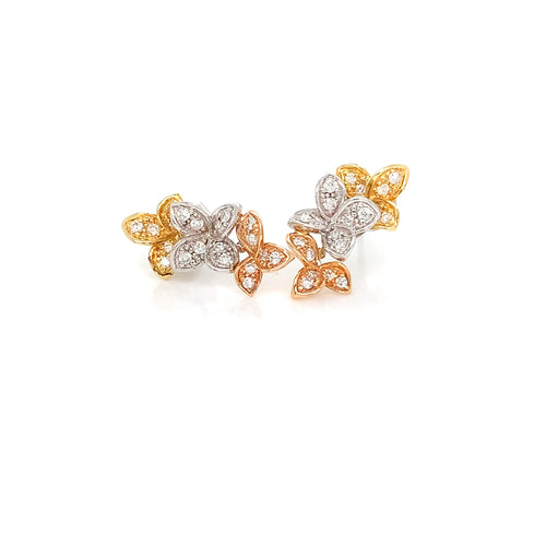 18kt Tri Color Flower Earrings – Micro Pave Flower Motif Style Diamond Earrings 0.43ct