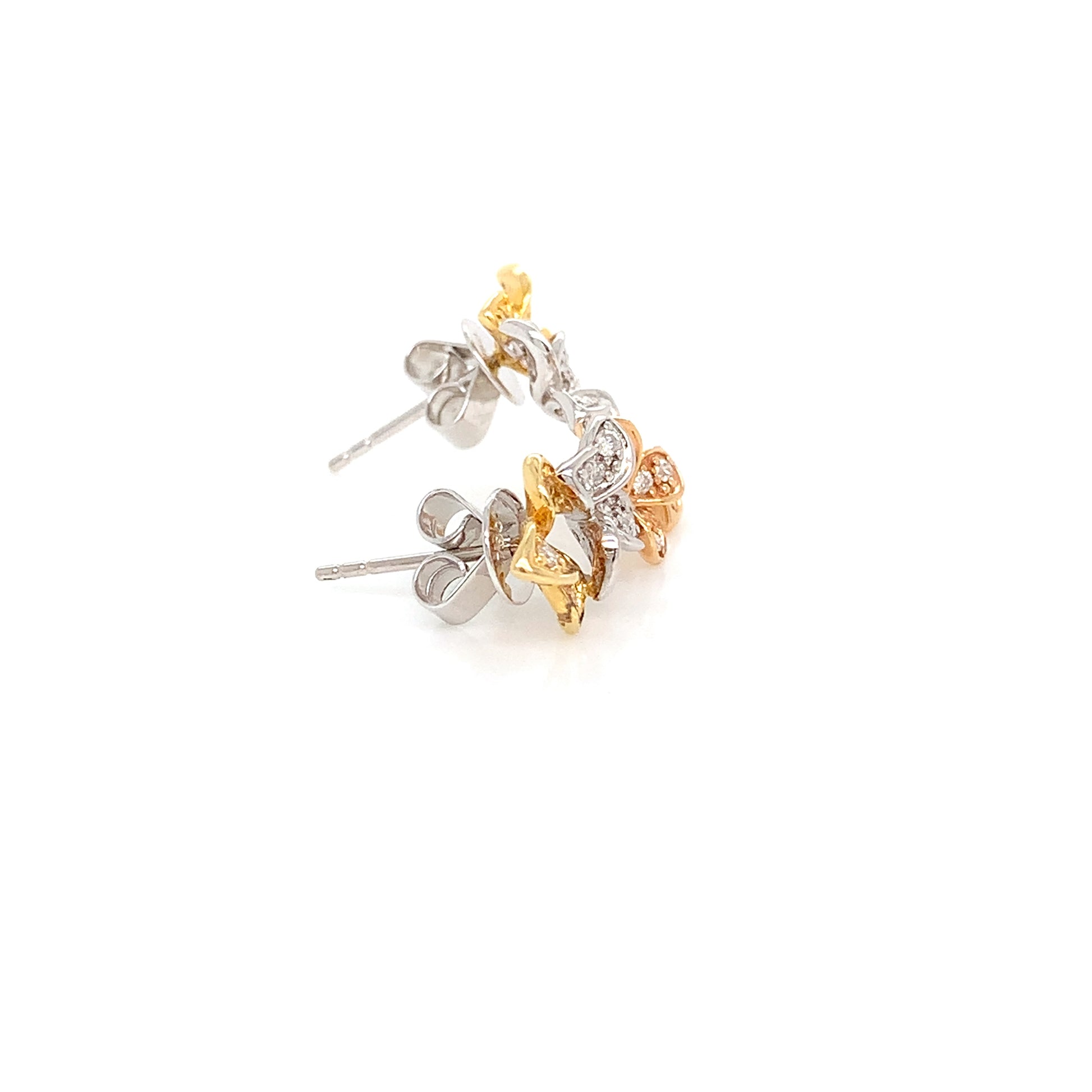 18kt Tri Color Flower Earrings – Micro Pave Flower Motif Style Diamond Earrings 0.43ct