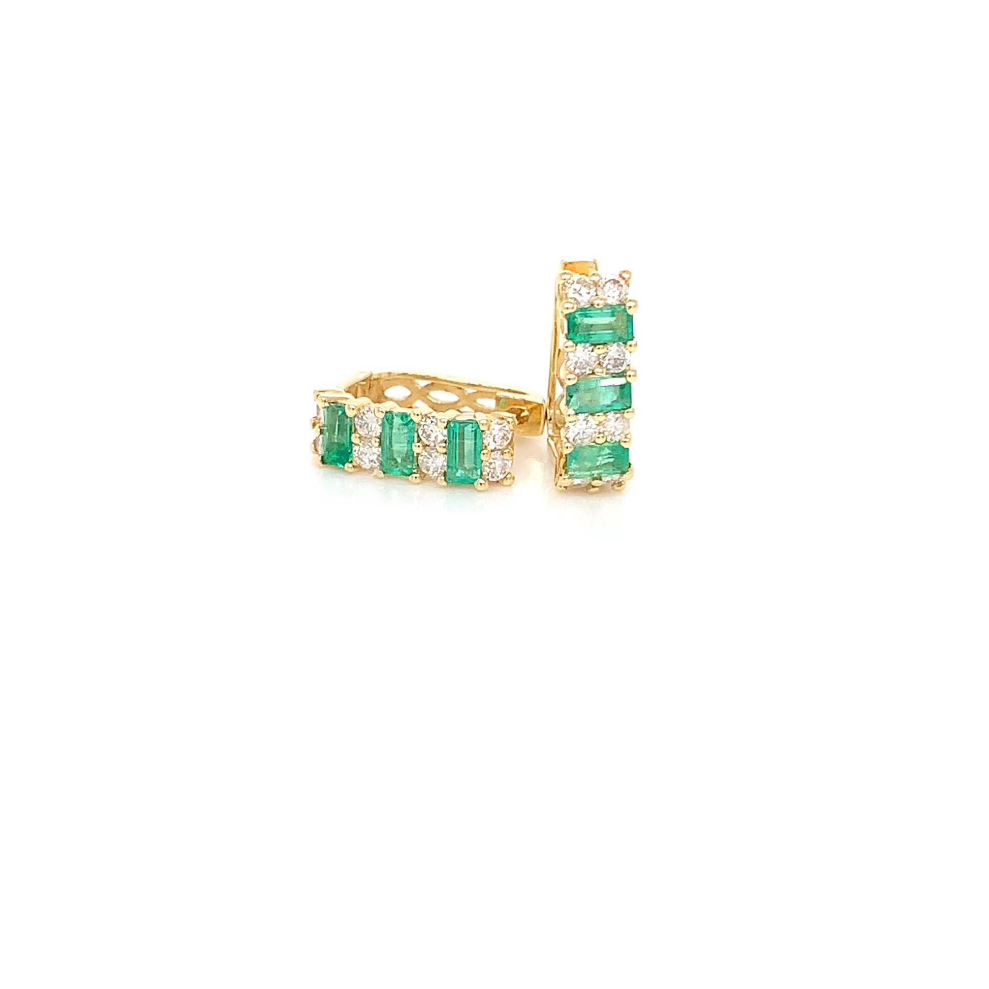 18kt Yellow Gold Emerald Diamond Earrings – East West Set, 0.75ct/0.49ct