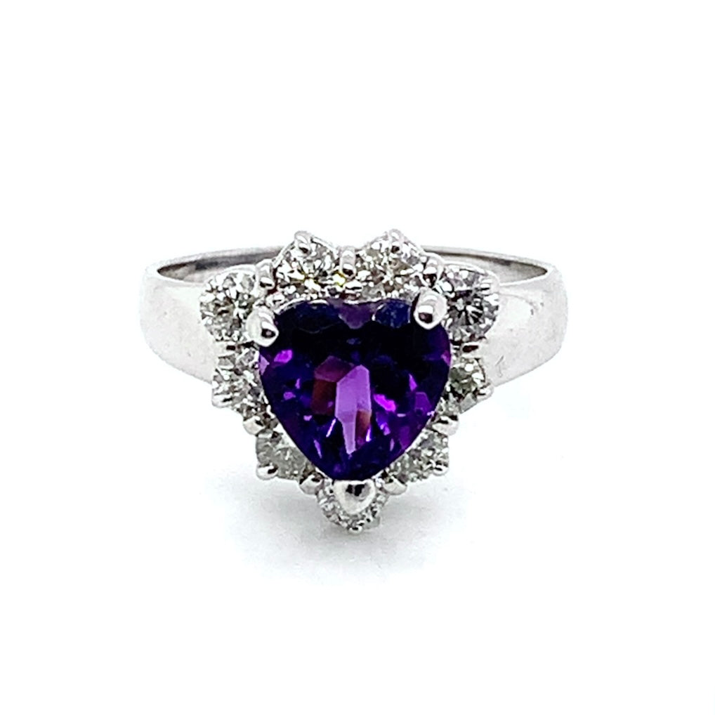 14K White Gold Amethyst Heart Ring with Diamond