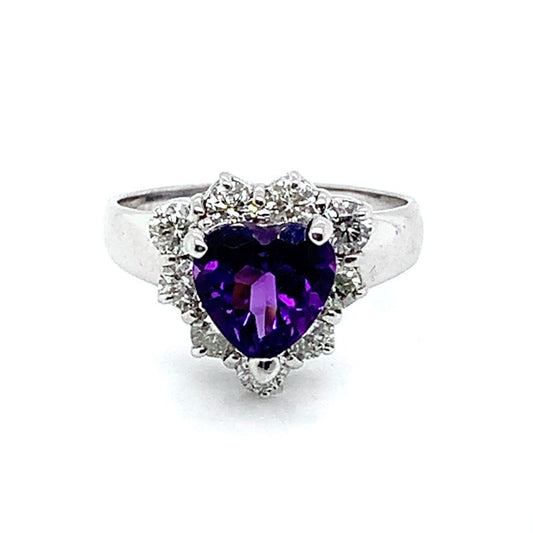 14K White Gold Amethyst Heart Ring with Diamond