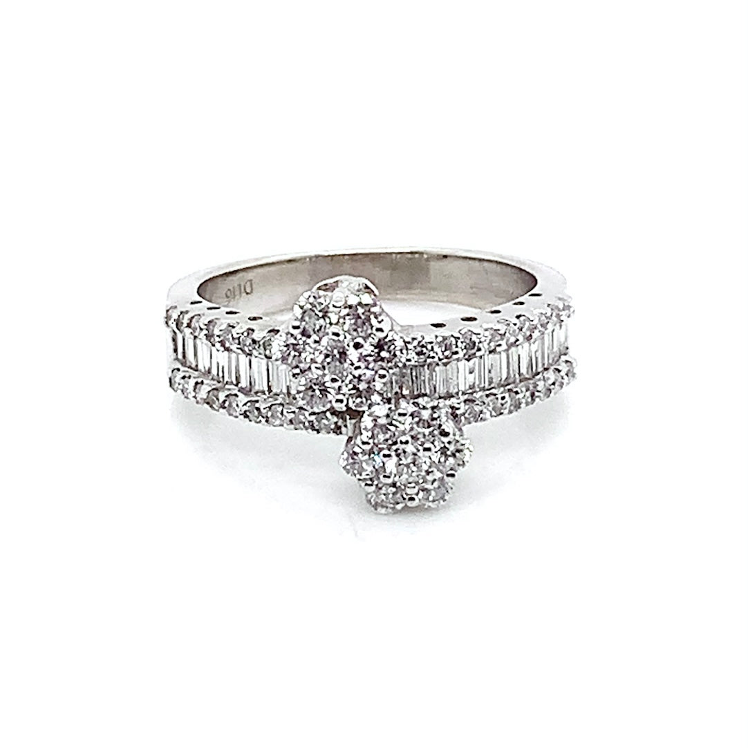 14K White Gold Double Flower Diamond Ring with Baguette Accents