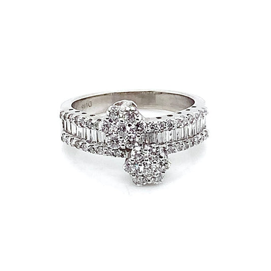 14K White Gold Double Flower Diamond Ring with Baguette Accents