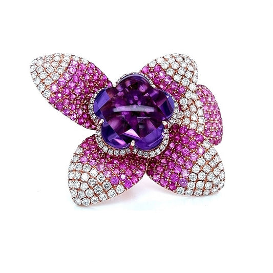 18K Rose Gold Lavender Amethyst and Diamond Flower Ring with Pink Sapphire Accents