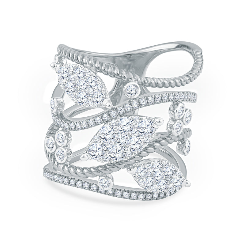 18K Rose Gold Fashion Ring with Diamond Set Leaves and Bead Pave Rail Designs
