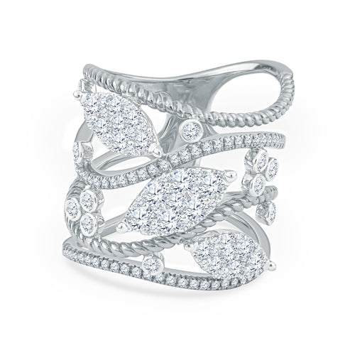 18K Rose Gold Fashion Ring with Diamond Set Leaves and Bead Pave Rail Designs