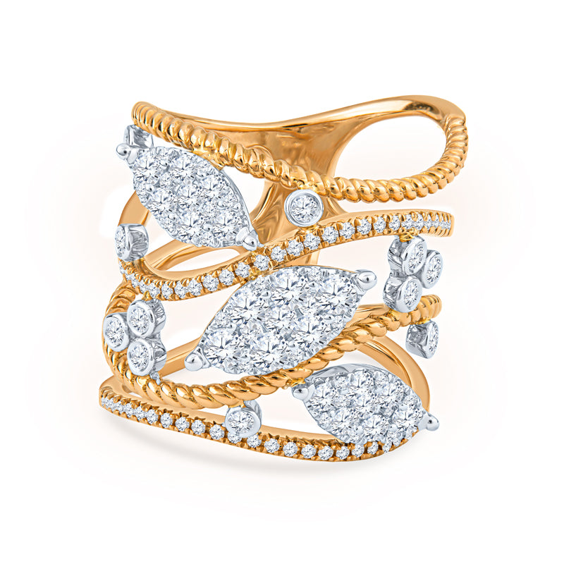 18K Rose Gold Fashion Ring with Diamond Set Leaves and Bead Pave Rail Designs