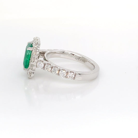 18K White Emerald Diamond Ring | Elegant 1.66 EM & Halo Design