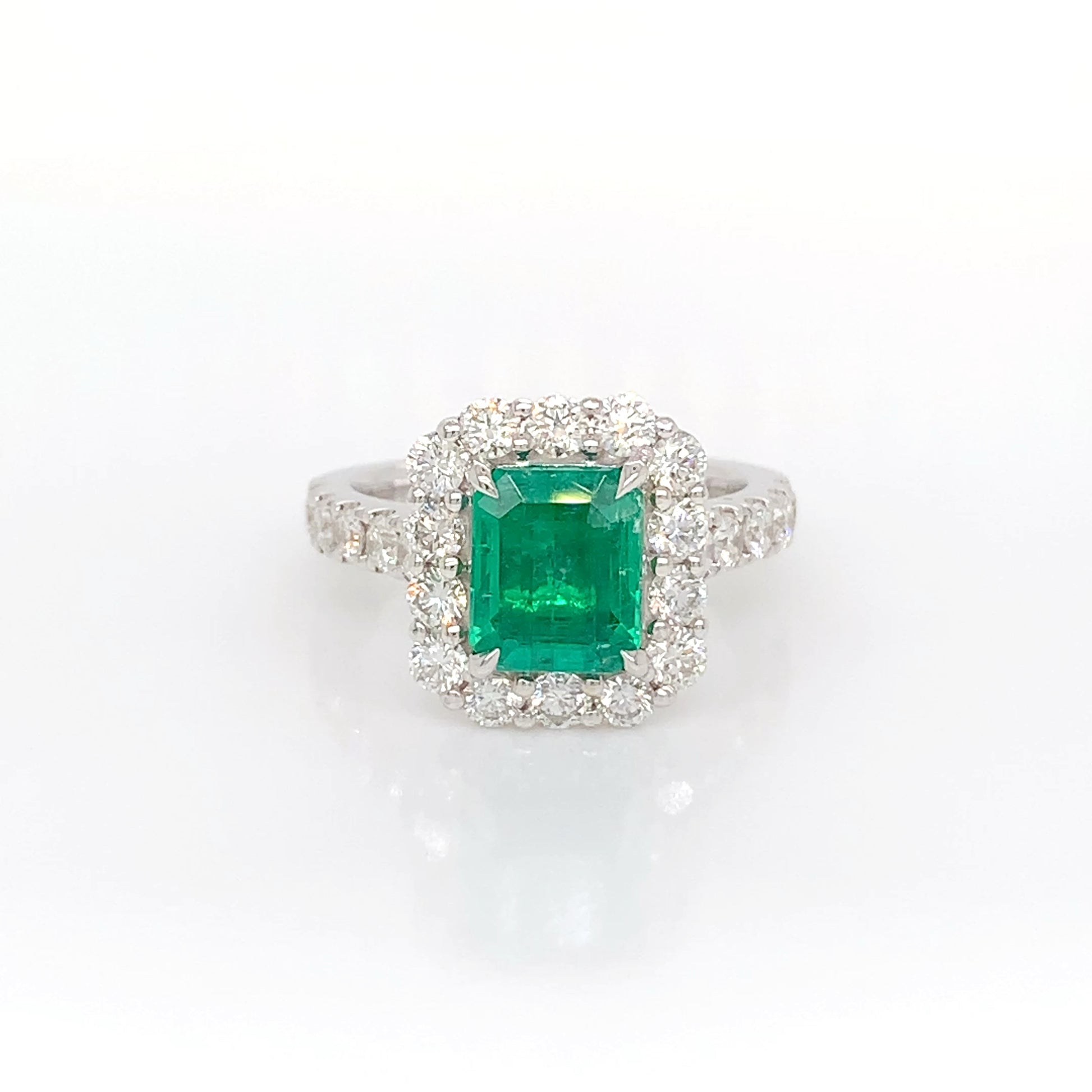 18K White Emerald Diamond Ring | Elegant 1.66 EM & Halo Design