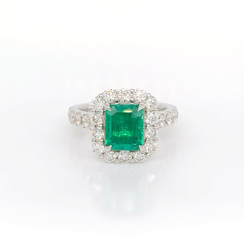 18K White Emerald Diamond Ring | Elegant 1.66 EM & Halo Design