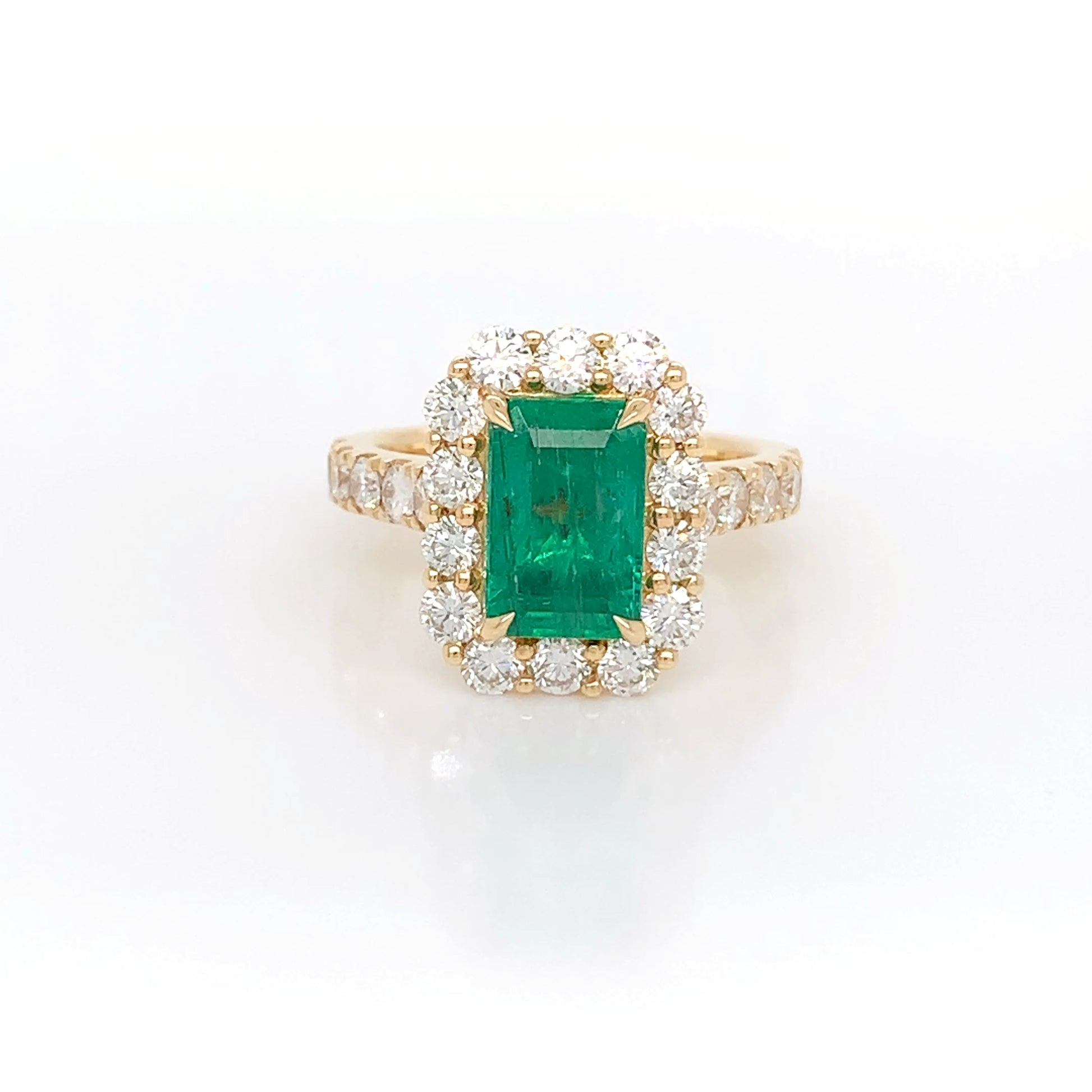 18K Yellow Emerald Diamond Ring | Brilliant 2.24 EM & 1.76 CTW Halo Design