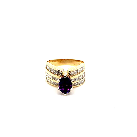 Gold Amethyst Natural Diamond Ring | 14K Elegant Jewelry