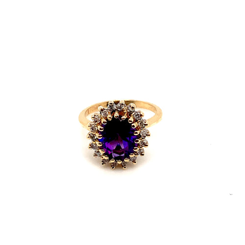Gold Amethyst Natural Diamond Ring | 14K Oval Halo Design