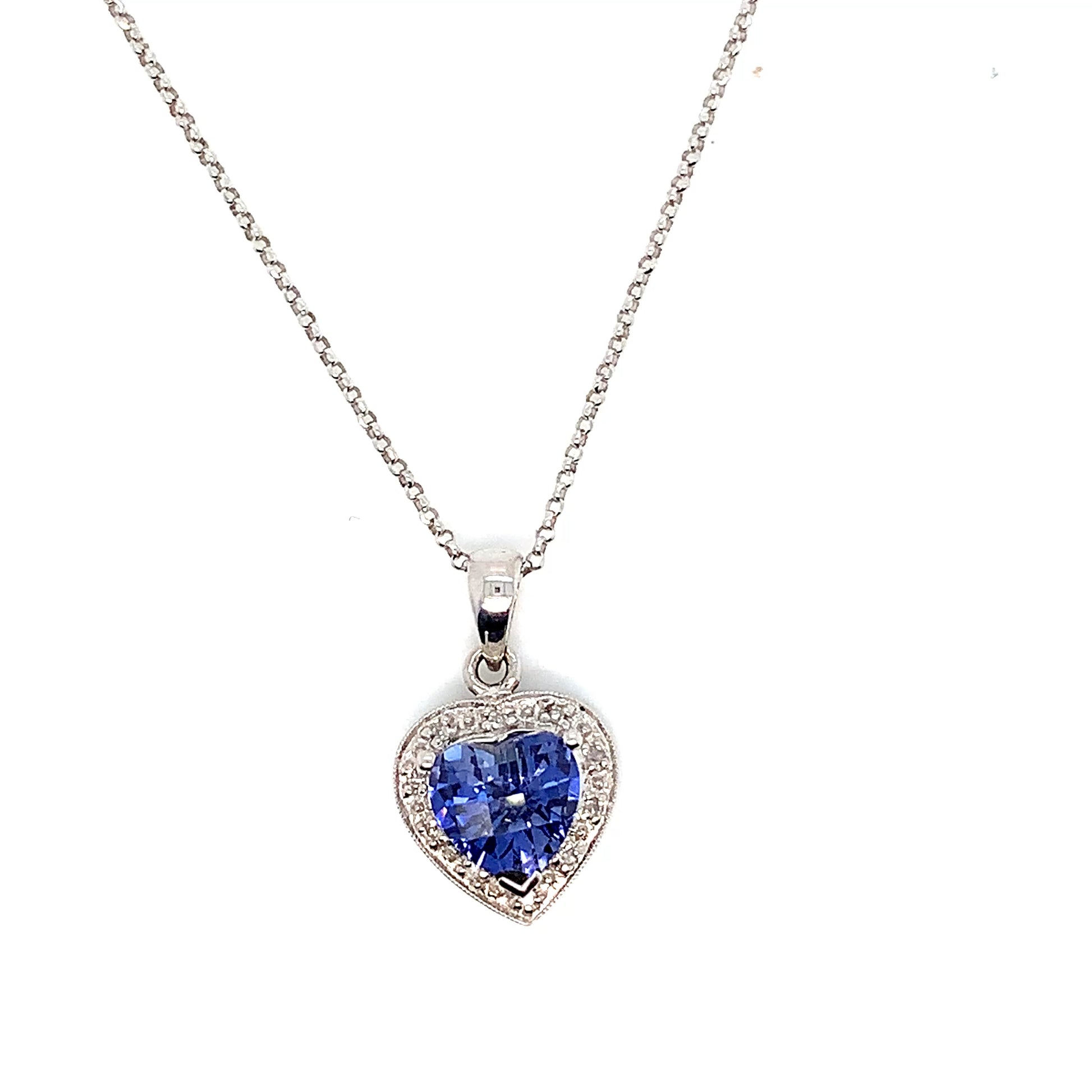 White Gold Sapphire Natural Diamond Pendant | 14K Heart Halo Necklace