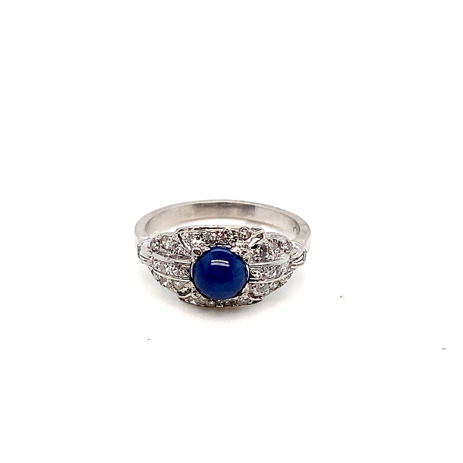 White Gold Platinum Sapphire Diamond Ring | 14K Cabochon Design