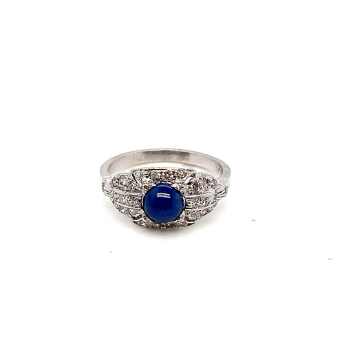 White Gold Platinum Sapphire Diamond Ring | 14K Cabochon Design