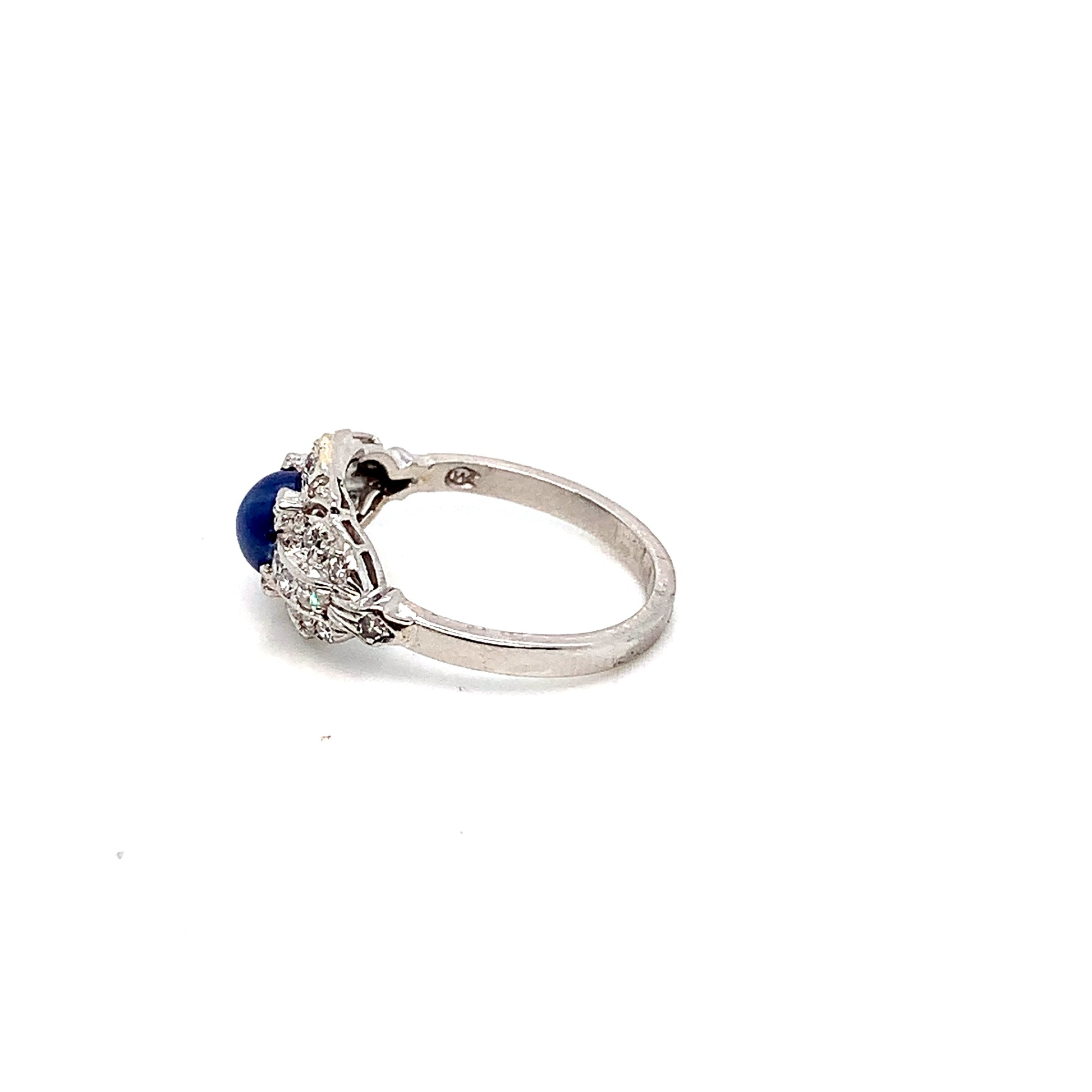 White Gold Platinum Sapphire Diamond Ring | 14K Cabochon Design