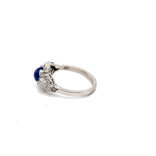 White Gold Platinum Sapphire Diamond Ring | 14K Cabochon Design