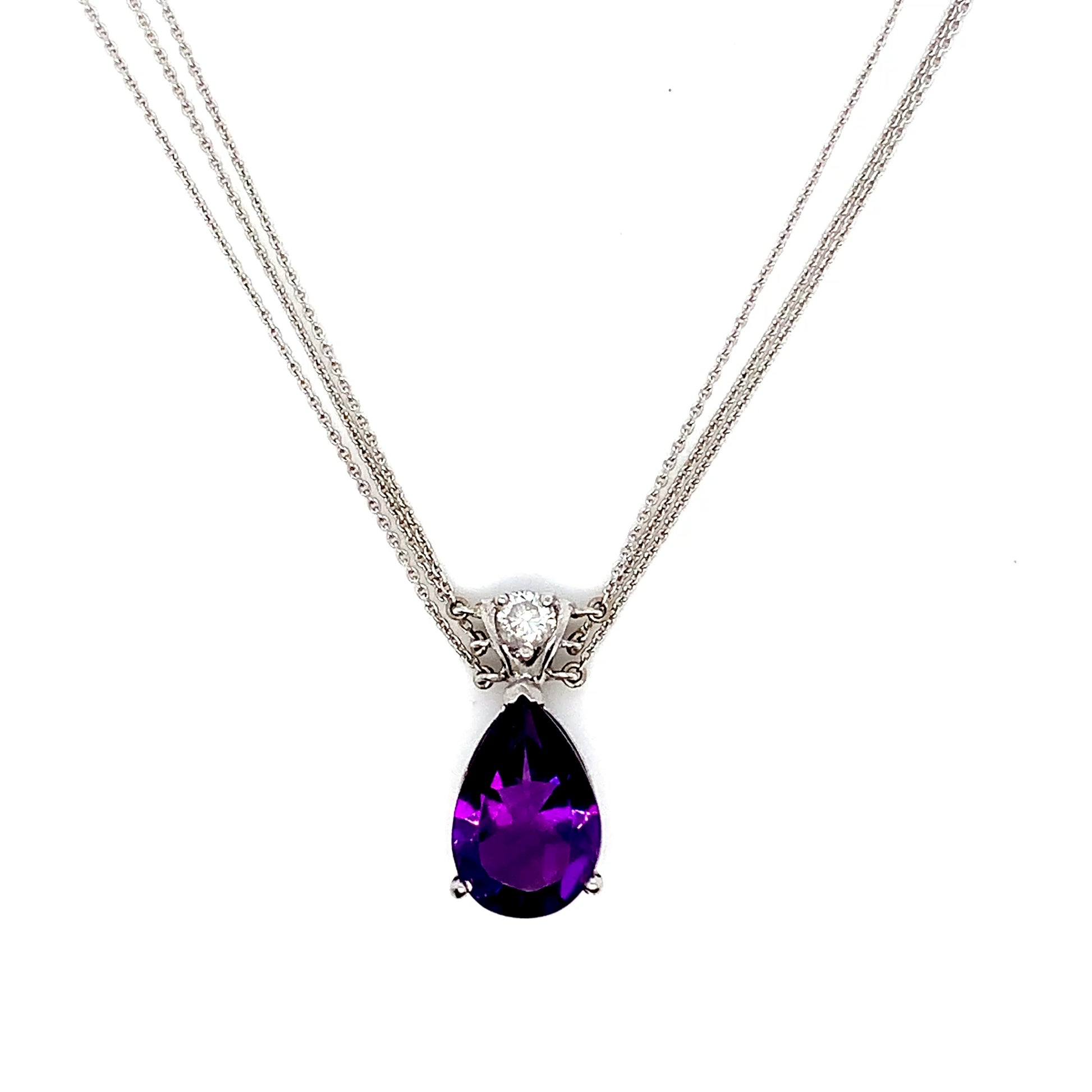 White Gold Amethyst Diamond Necklace | 14K Multi-Chain Pendant