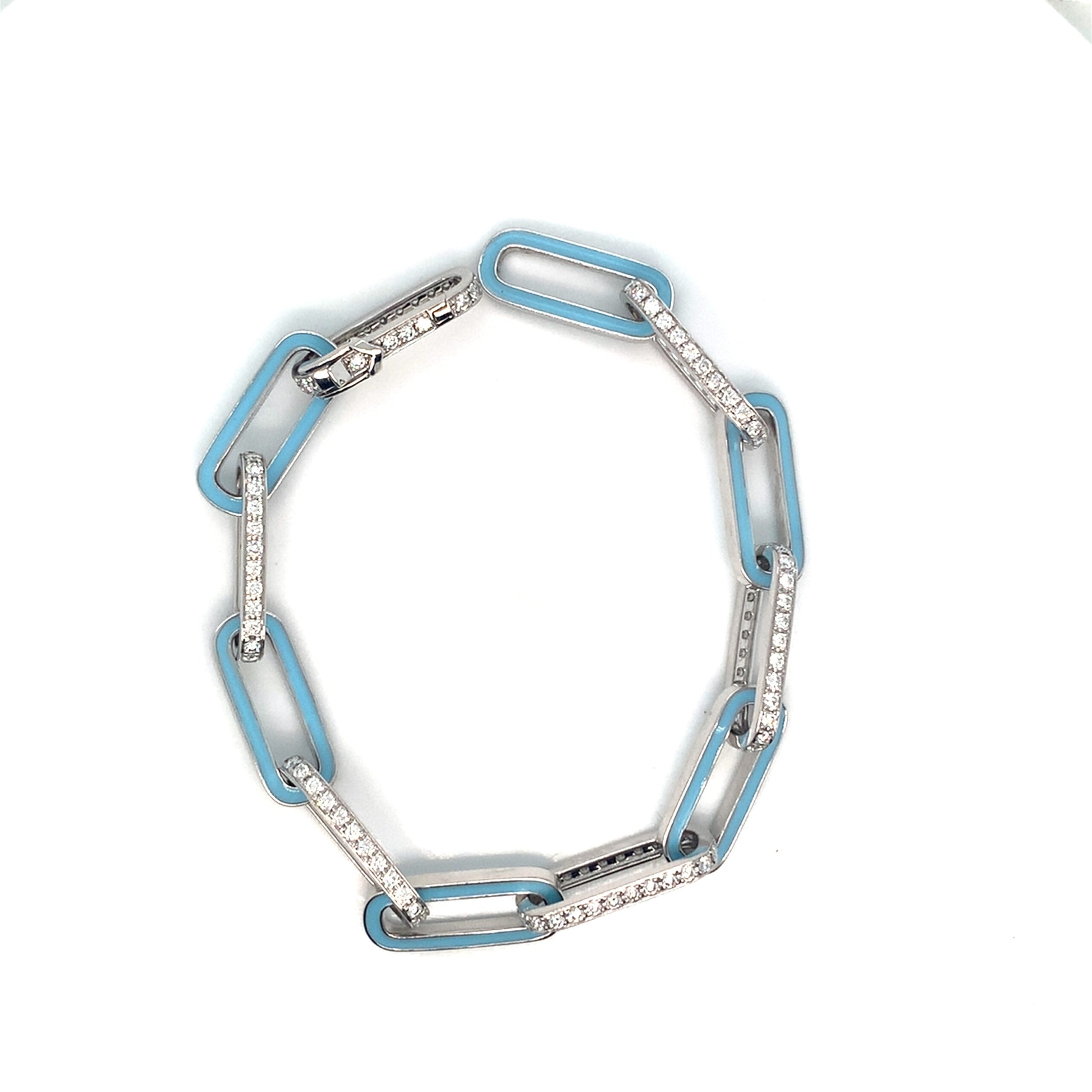 18K White Gold Paperclip Bracelet | Italian Enamel & Diamond Accents